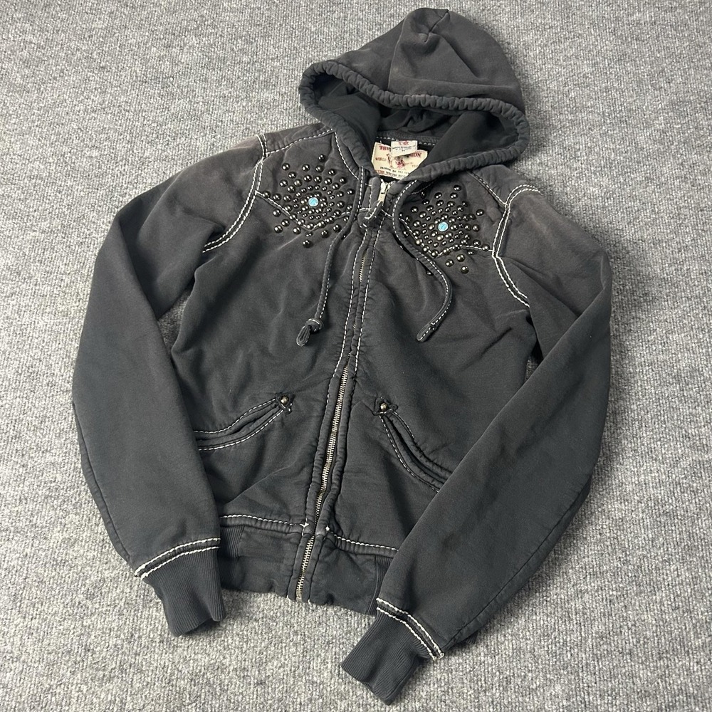 True Religion Hoodie Womens Medium Gray Studded Western Turquoise Full Zip